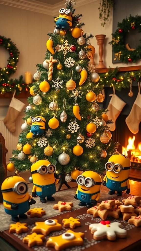 A Minion-themed Christmas scene with a decorated tree, Minion cookies, and festive decorations.